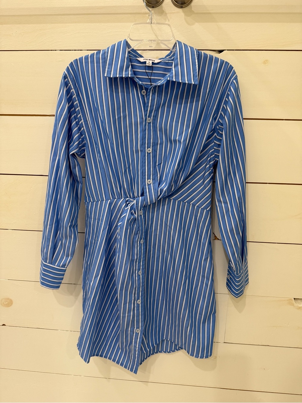 Steve Madden Blue & White Striped Asymmetrical Tie-Front Shirt Dress